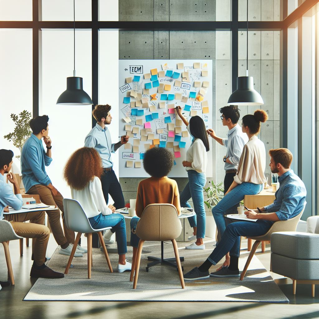 Session de brainstorming d'équipe, génération d'idées et planification de projet.