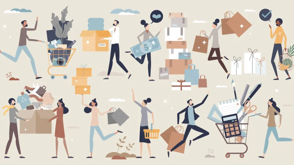 Illustration d’achats collectifs réunissant des produits de détail et des symboles de consommation